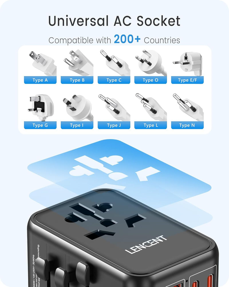 LENCENT Universeller Reiseadapter, GaN3 65W Internationales Adapter mit 2 QC4,0 USB-A+2 PD3,0 Typ-C