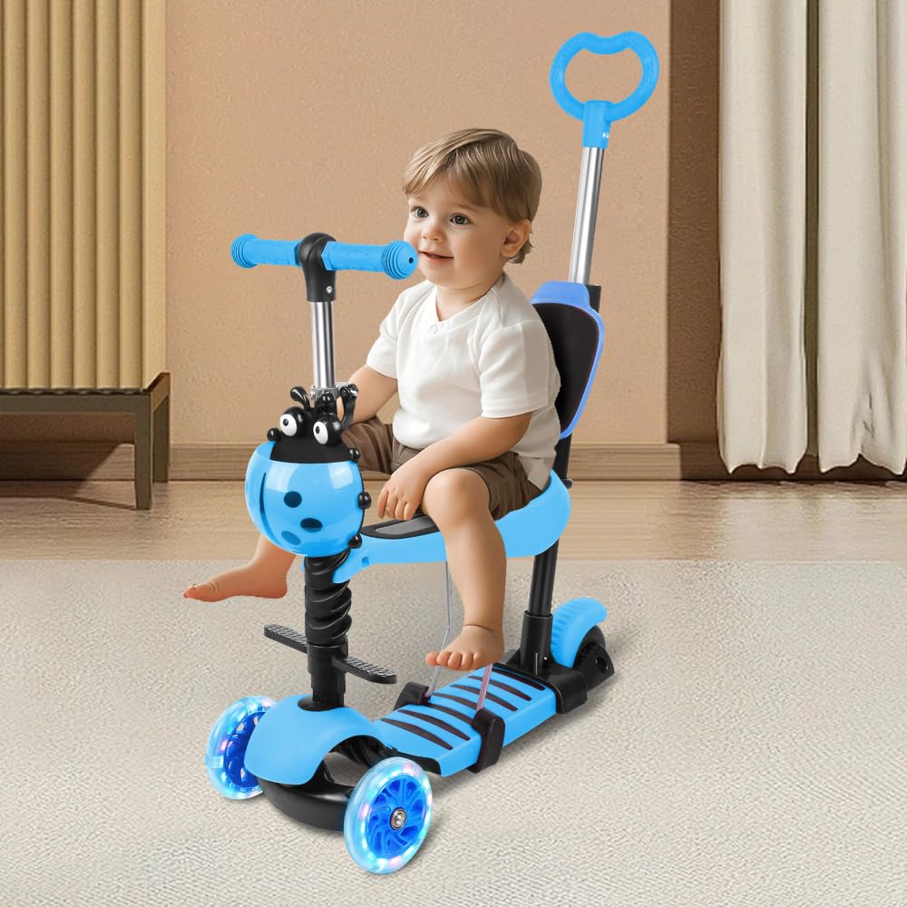 Tretroller mit 3 Rädern für Scooter, faltbar, bunt | rutschfeste Brücke höhenverstellbar mit LED-Lic