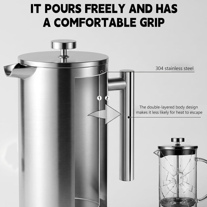 French Press Kaffeebereiter 600ml Edelstahl, Französische Presse Isolierte