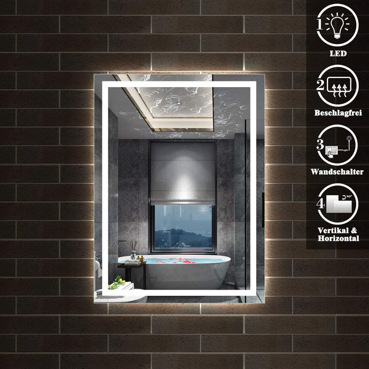 Aica Sanitär Wandspiegel 60×80cm Wandschalter Antibeschlag Badspiegel mit Beleuchtung Lichtspiegel B