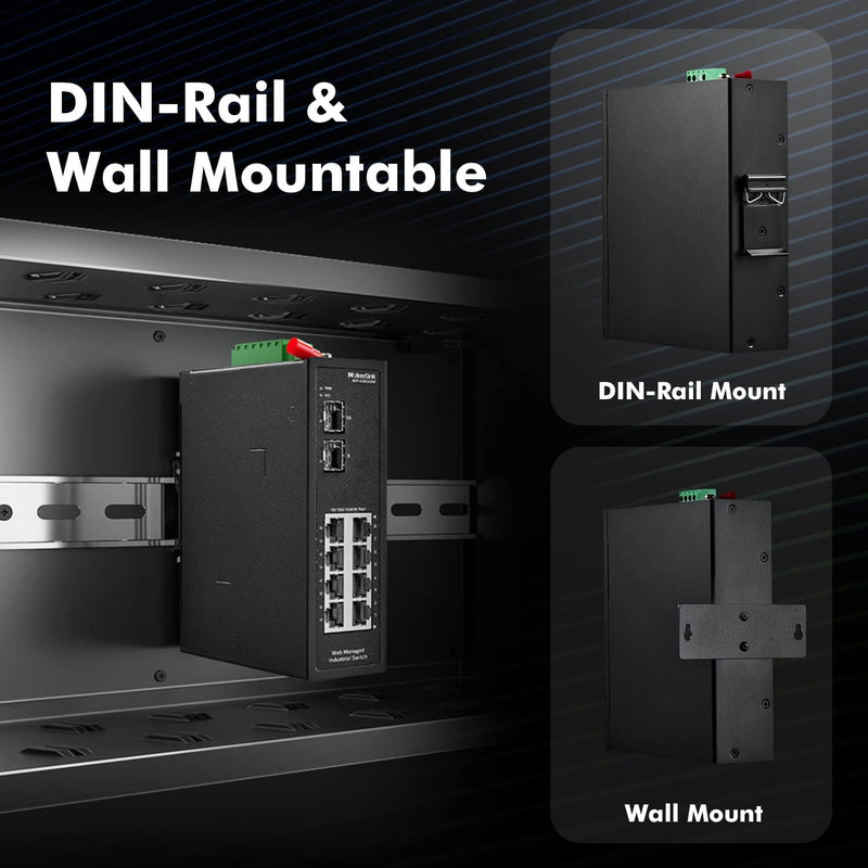 MokerLink 8 Port Gigabit Managed Industrial DIN-Rail Ethernet Switch with 2 SFP Ports, 20Gbps Switch