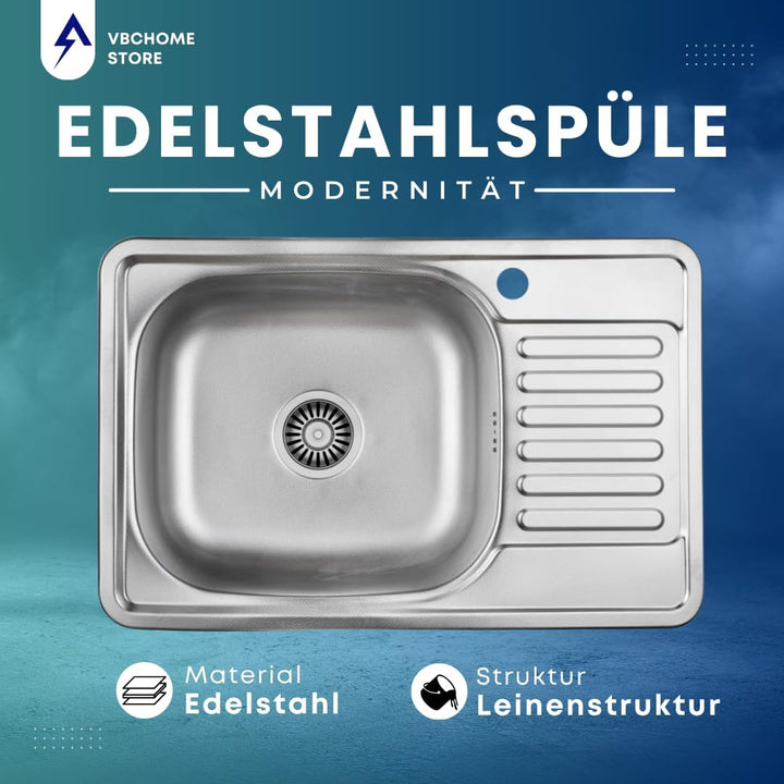 VBChome Einbauspüle mit Armatur 66x42 Leinenstruktur Edelstahl Küchenspüle Spüle Ablagefläche Abtrop