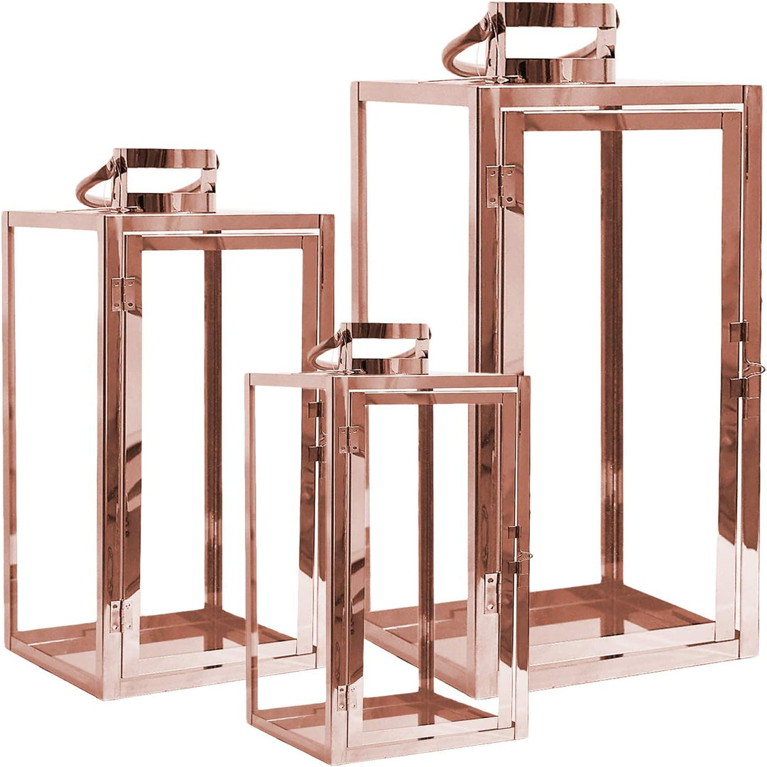 Schönes XXL 3er Set Gartenlaternen Set aus Edelstahl Windlicht Laterne Glas 30/40 / 53 cm Kupfer-far