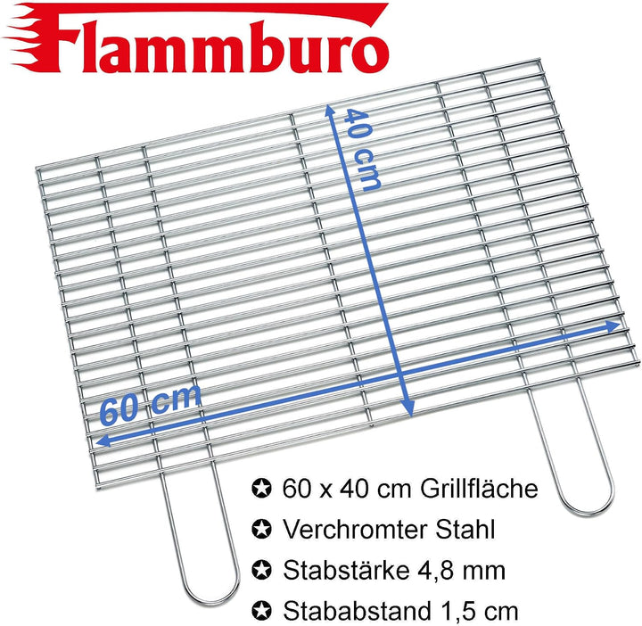 FLAMMBURO Grillroste eckig 60x40 cm - In verschiedenen Grössen erhältlich, aus verchromtem Stahl, St