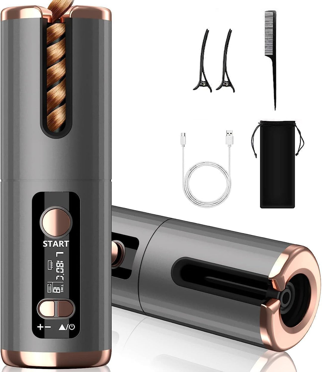 Automatischer Lockenstab, USB, wiederaufladbar, tragbar, 6 Temperaturen und Timer von 8-18 Sekunden