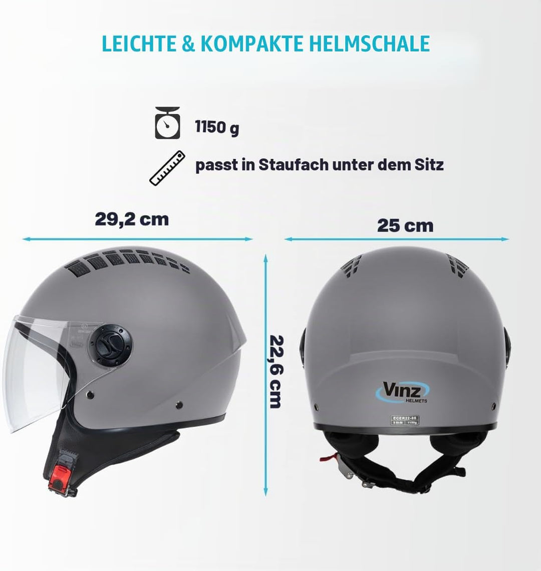 VINZ Como Jethelm mit Visier Herren und Damen | in Gr. XS-XL | Roller Helm Jet Helm Mopedhelm | ECE
