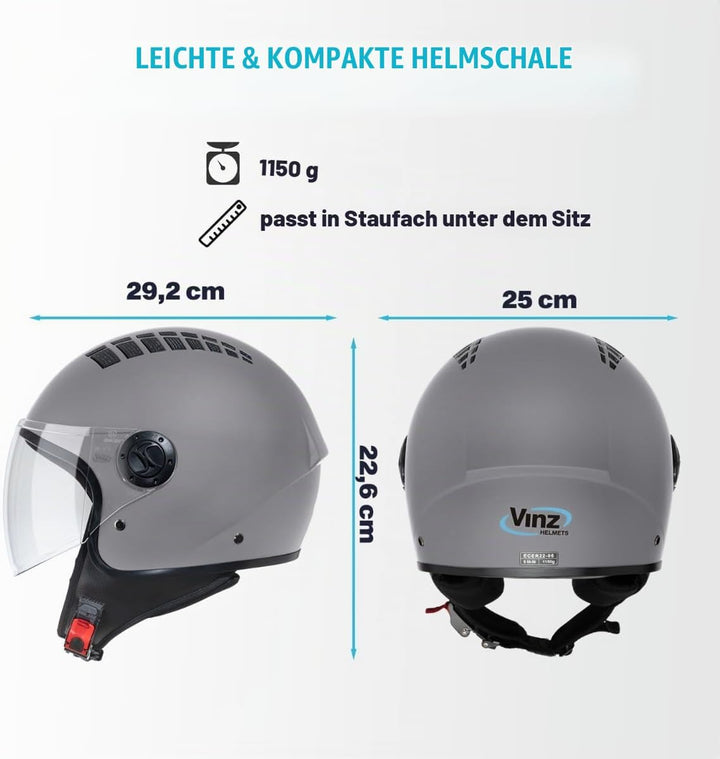 VINZ Como Jethelm mit Visier Herren und Damen | in Gr. XS-XL | Roller Helm Jet Helm Mopedhelm | ECE