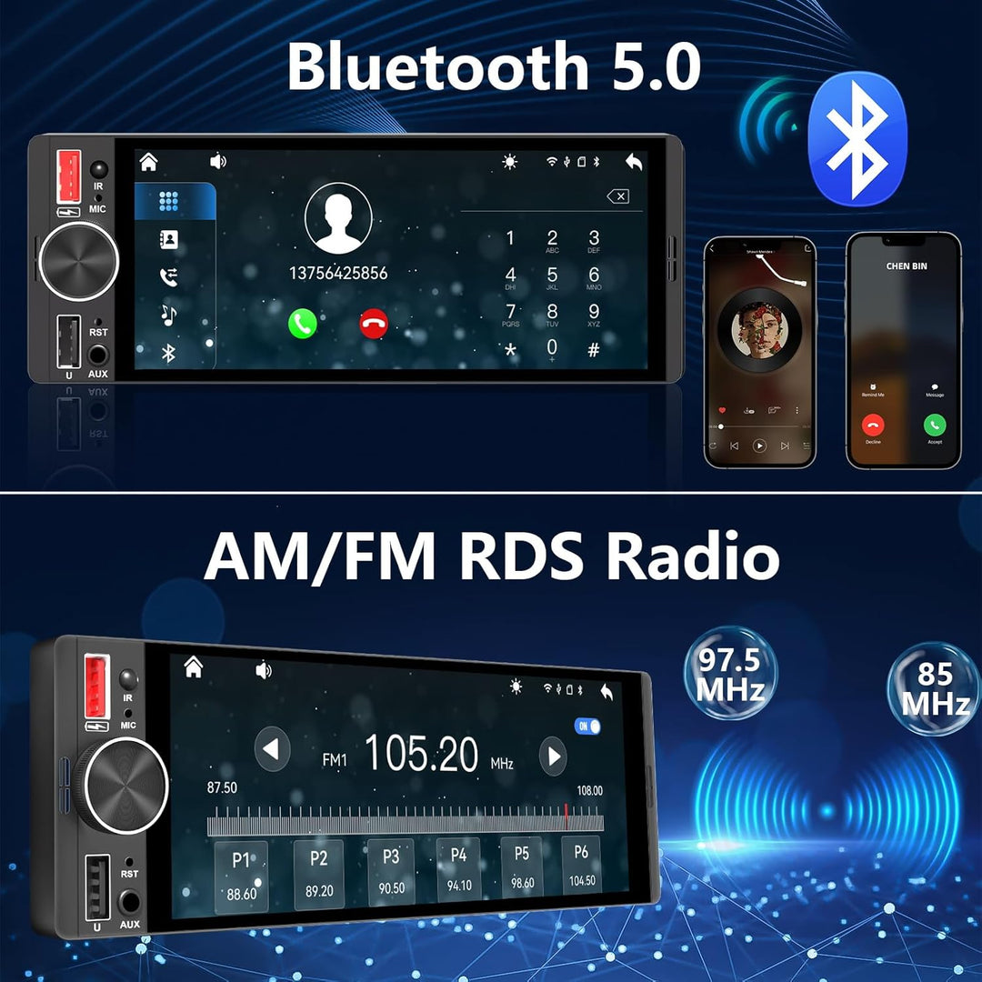 6,36 Zoll 1 Din Autoradio mit Drahtlosem CarPlay & Android Auto, Bluetooth, Full-Touch-Display FM, D