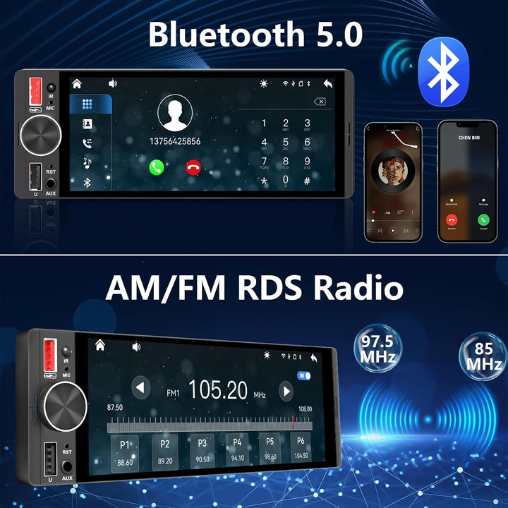 6,36 Zoll 1 Din Autoradio mit Drahtlosem CarPlay & Android Auto, Bluetooth, Full-Touch-Display FM, D