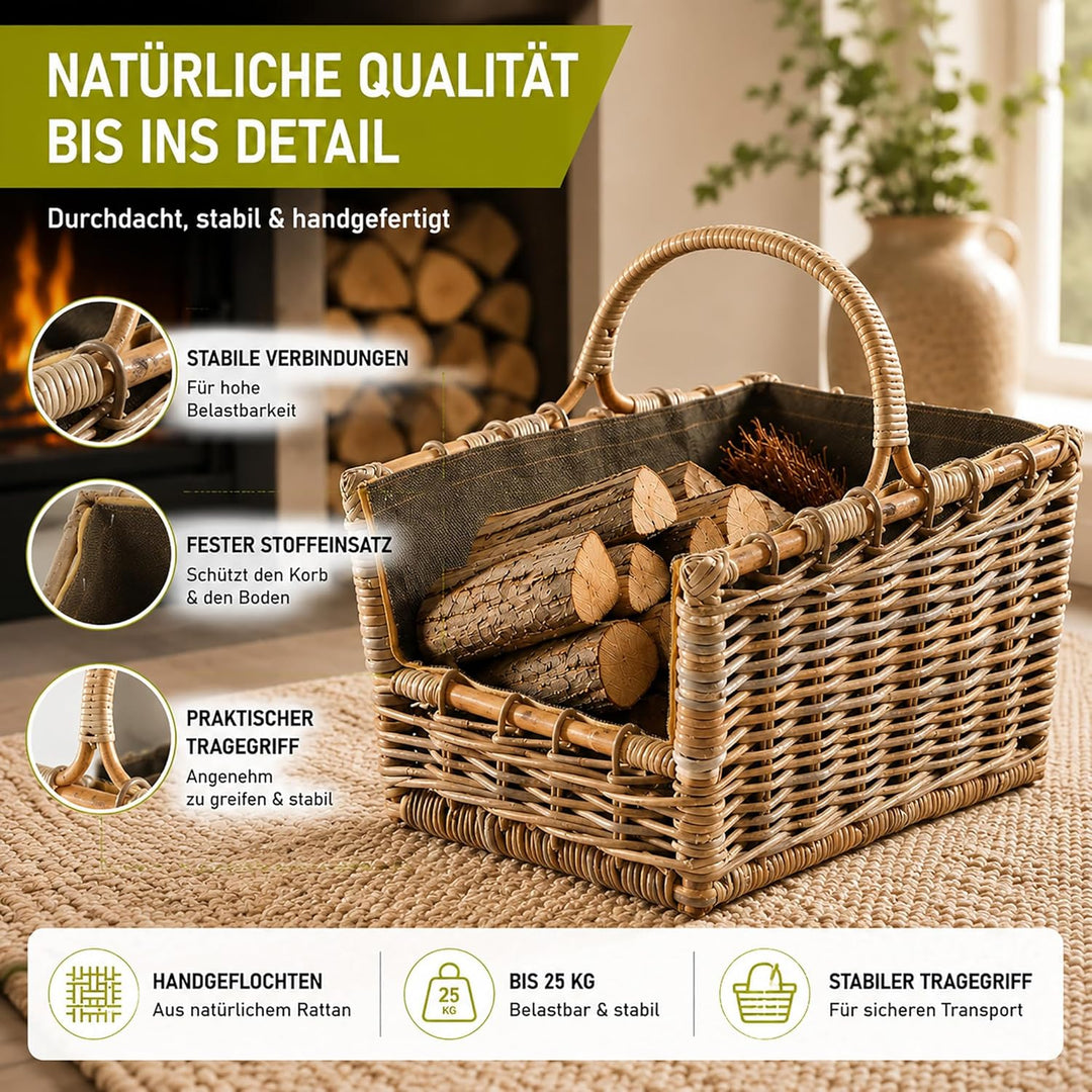 Kobolo Kaminholzkorb Holztrage für Kaminholz -Rattan grau abnehmbarer Textileinsatz in