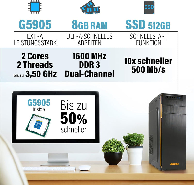 GREED® Basic PC mit Intel Core i5 4590 - Schneller Rechner + Computer für Büro & Home Office mit 3,7