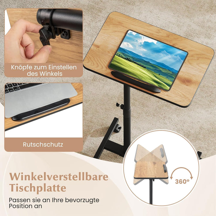 COSTWAY Betttisch auf Rollen höhenverstellbar, Pflegetisch mit neigbarer und 360° drehbarer Tischpla