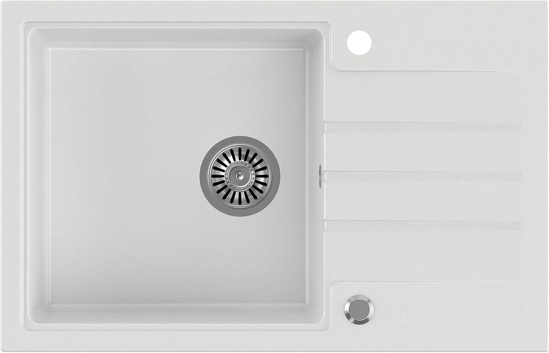 VBChome Spüle mit Armatur 78 x 50 cm Tiefes Becken 20cm Weiss Küche Grosse Abtropfflache Einbauspüle