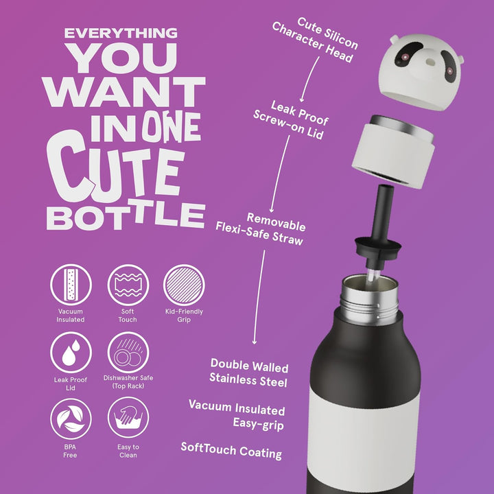 ASOBU Bestie Kindertrinkflasche mit Strohhalm – Isolierte Edelstahlflasche 420ml mit Panda-Kopf – Au