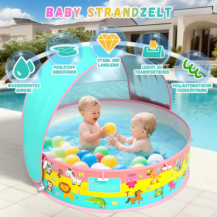 Baby Planschbecken mit Dach, Pop-Up Strandmuschel Baby UV Schutz 50+ mit Aufbewahrungstasche, 4 in 1