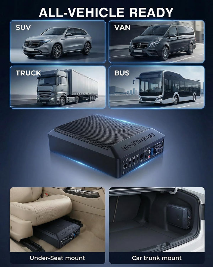 Ultraflacher Auto-Subwoofer, geeignet für Limousinen/LKW, mit integriertem Verstärker, unter den Sit