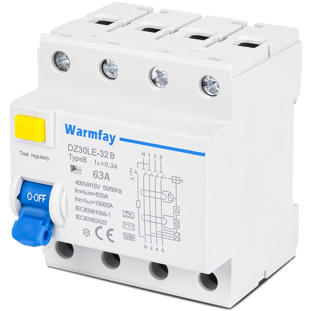 Warmfay FI Schutzschalter 63A 300mA Typ B, 4 Polig RCD Allstromintensiv Schalter Automat Sicherung,