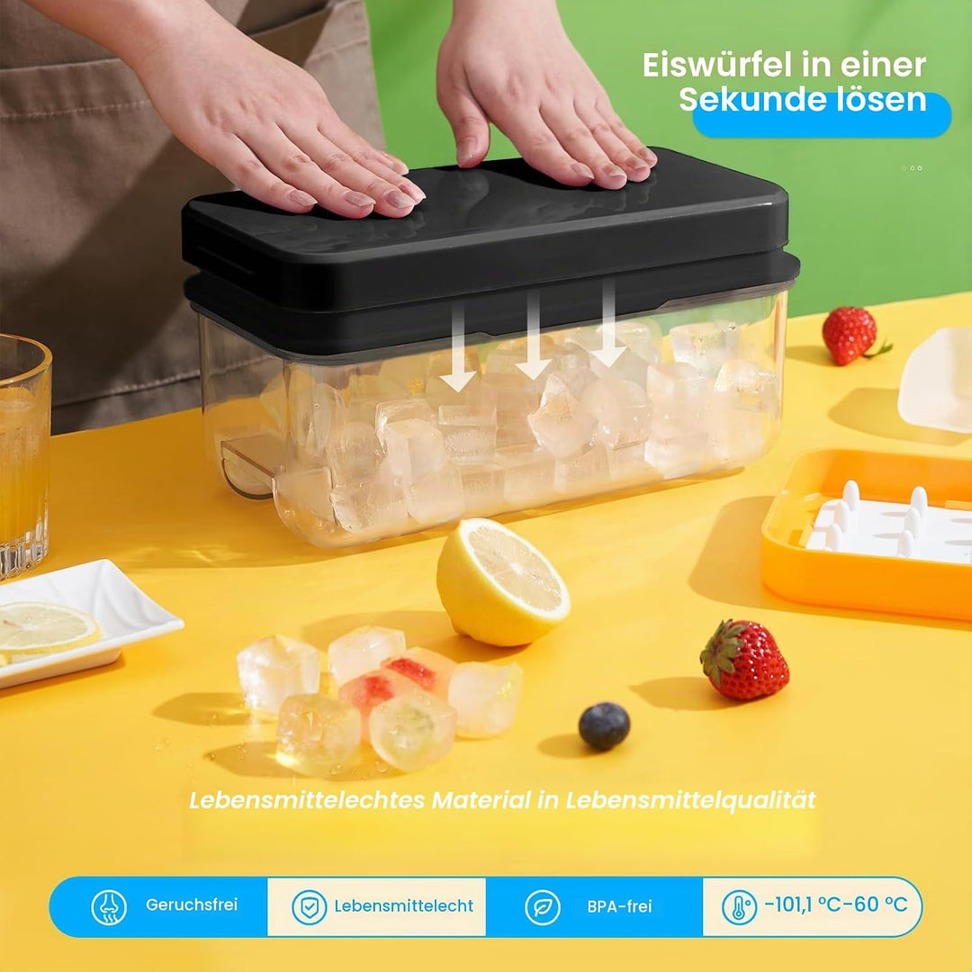 Eiswürfelform mit Deckel und Mülleimer, PHINOX 64 Stück Eiswürfelbehälter für Gefrierschrank, Eiswür
