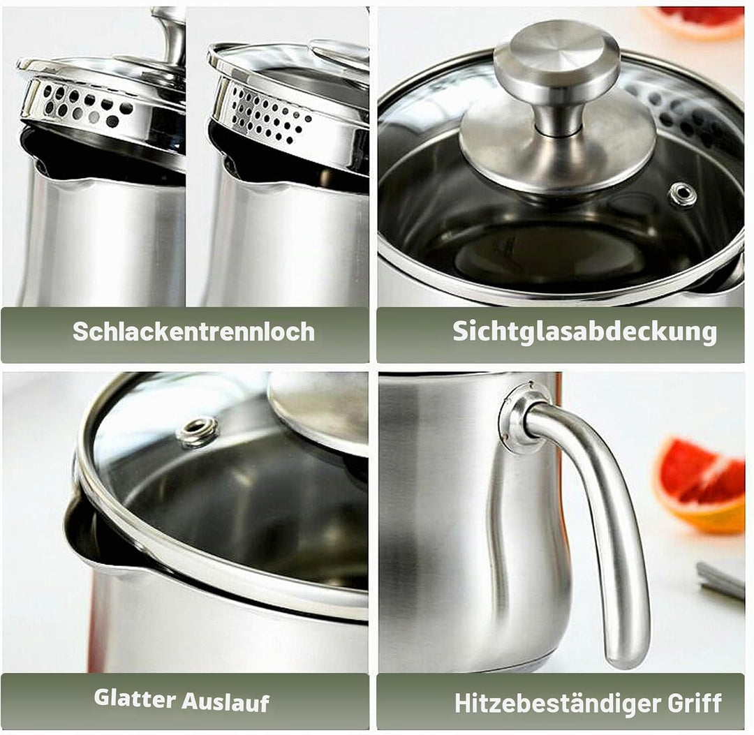 2L Milchtopf Edelstahl mit Deckel und Ausgiesser, Kochtopf Induktion mit Griff, Simmertopf Puddingto