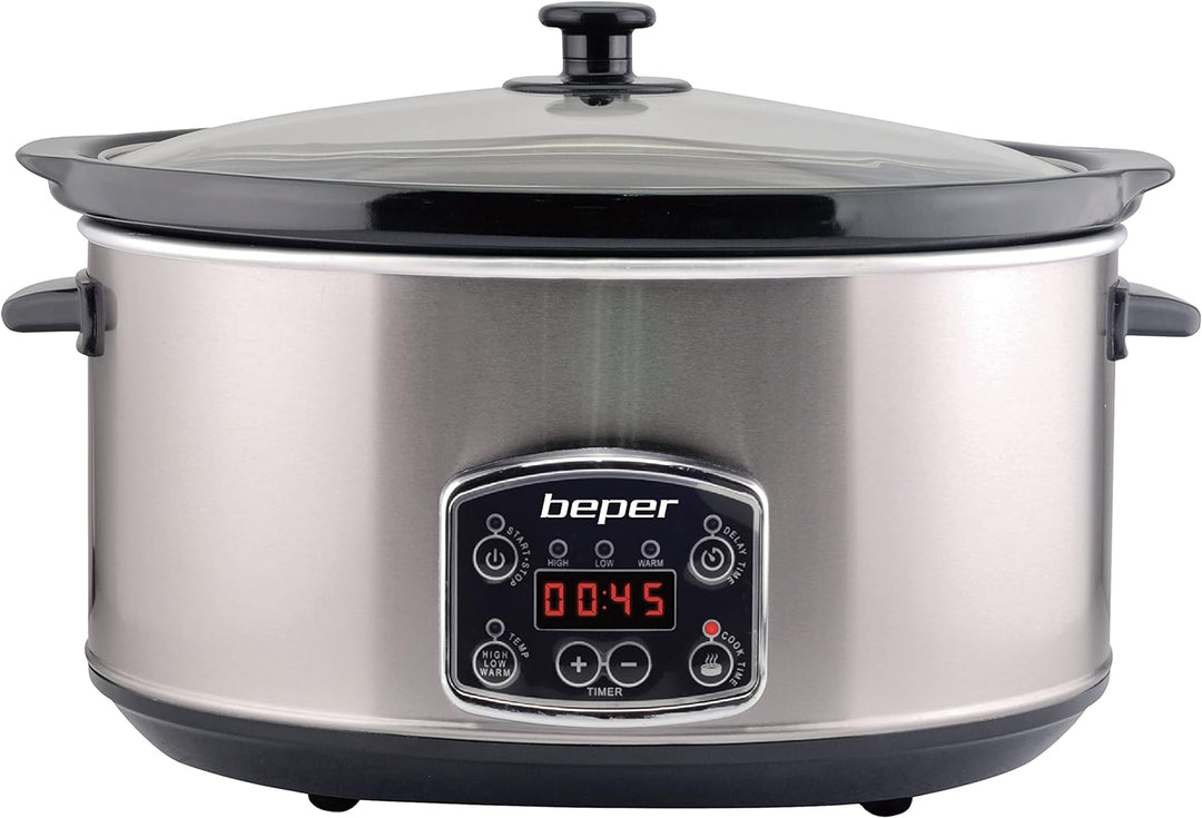 BEPER BC.510 Slow Cooker, 280 W, 4,5 Liter, Glaskeramik, Schwarz und Stahl, Nero E