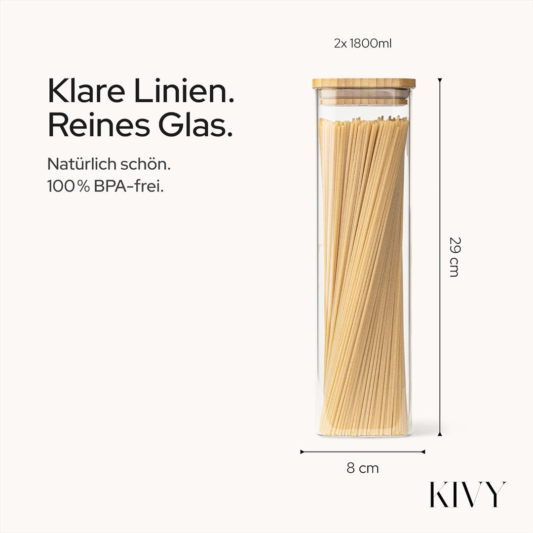KIVY Vorratsgläser mit Deckel Luftdicht - 2 x 1.8L - Für Spaghetti, Mehl, Müsli Aufbewahrung Glas -