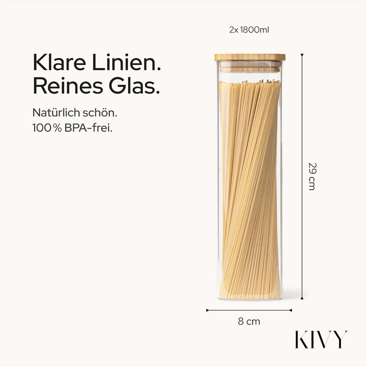 KIVY Vorratsgläser mit Deckel Luftdicht - 2 x 1.8L - Für Spaghetti, Mehl, Müsli Aufbewahrung Glas -