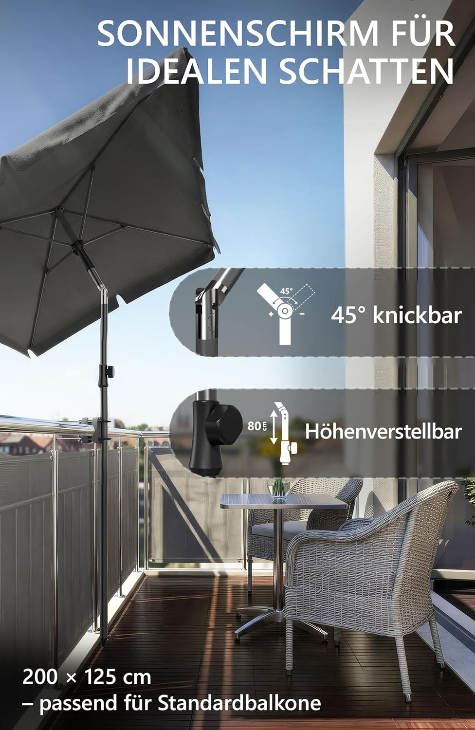 4smile Sonnenschirm Balkon in Anthrazit - Sonnenschirm rechteckig 200x125cm mit UV50+ Sonnenschutz |
