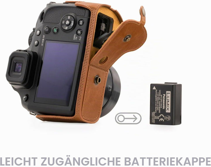 MegaGear Panasonic Lumix DC-FZ80, FZ82 Ever Ready Leder Kamera-Case mit Trageriemen und Batteriezuga