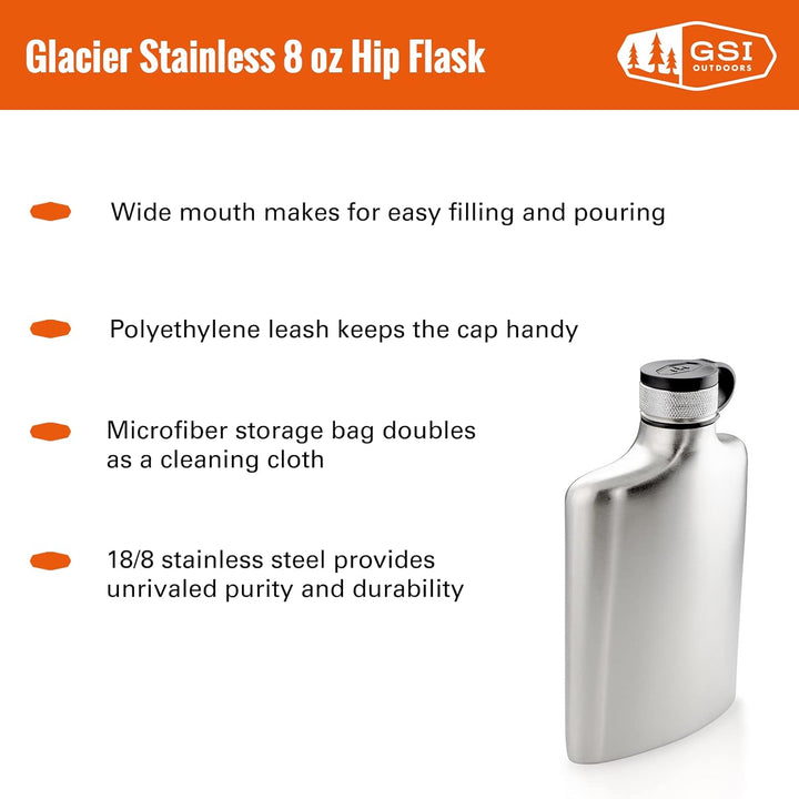 GSI Outdoors Glacier Stainless Hip Flask 8 oz Flachmann, Unisex Erwachsene, Silber, 8 oz