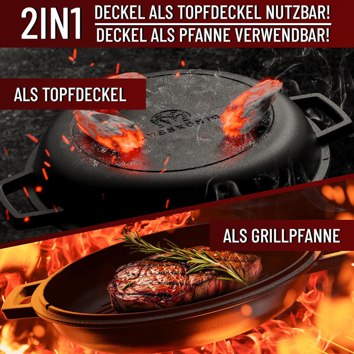 Dutch Oven–2in1 Eingebrannter Gusseisen Topf 4,8 L & Gusspfanne 1,8 L–Dutch Oven Set mit Schmortopf
