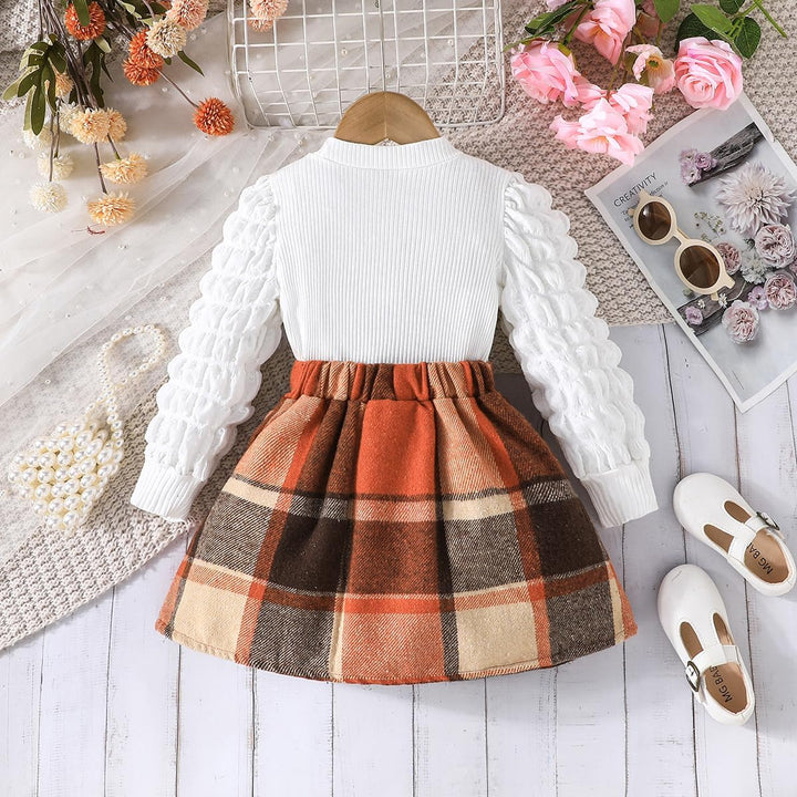 Eqenkely Kleinkind Mädchen Kleidung Puffärmel Langarm Gerippte Oberteile + Bowknot Plaid Mini Rock 2