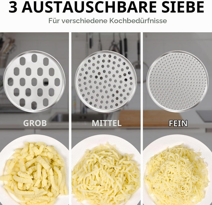 Sopito Kartoffelpresse Edelstahl mit 3 Austauschbare Sieb und Silikon beschichteter Griff für Flausc