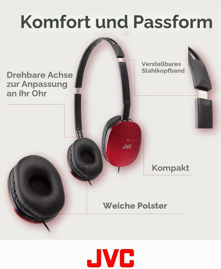 JVC HA-S160M-R - Flats Faltbarer und kompakter Kopfhörer in Glossy Trendfarbe, mit Schalter für Mikr