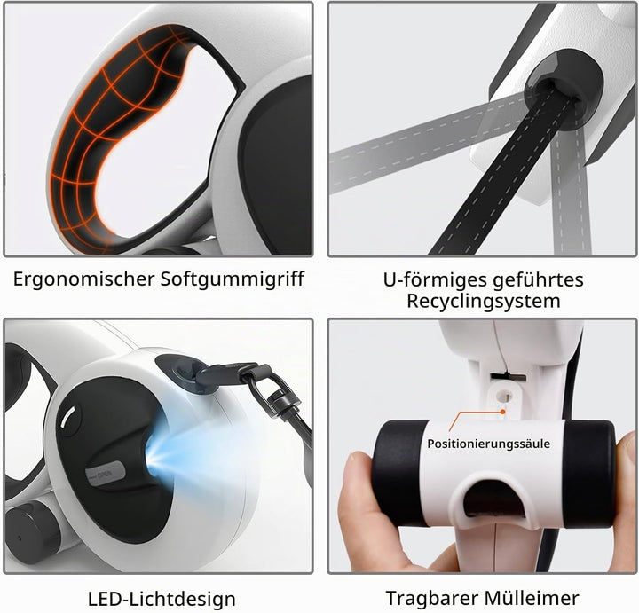 Einziehbare Hundeleine, Hundeleine 5m, Rollleine für Hunde, mit LED-Licht, 360° Verhedderungsfreier,