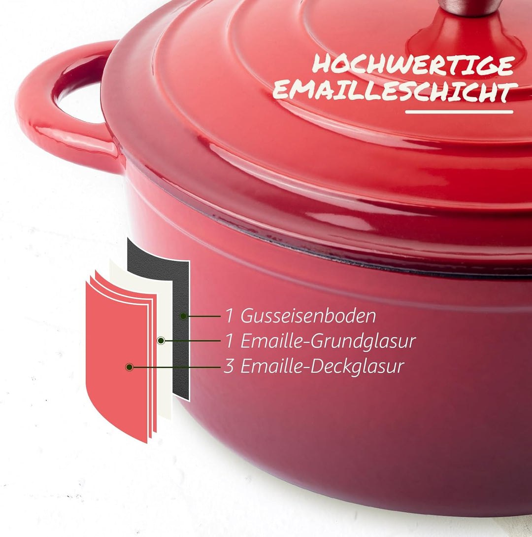 Overmont Schmortopf Gusseisen Topf 26cm - Emaille Bräter mit Deckel backofengeeignet - mit Kochbuch
