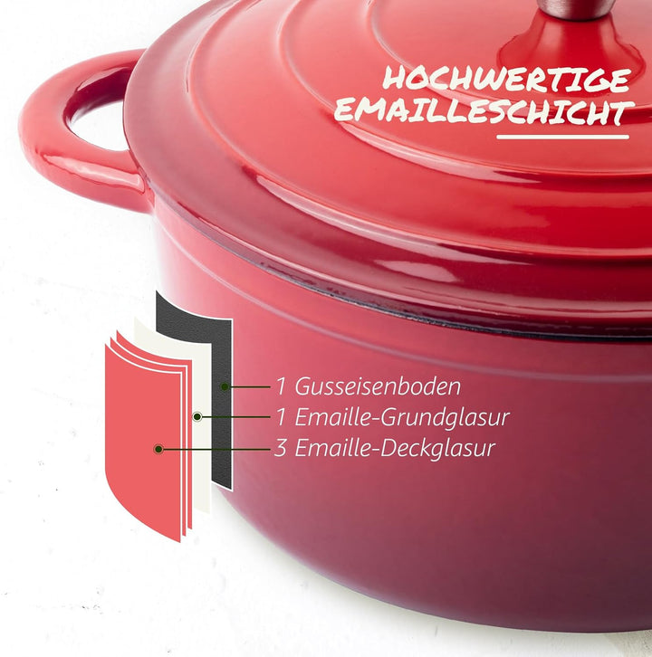 Overmont Schmortopf Gusseisen Topf 26cm - Emaille Bräter mit Deckel backofengeeignet - mit Kochbuch
