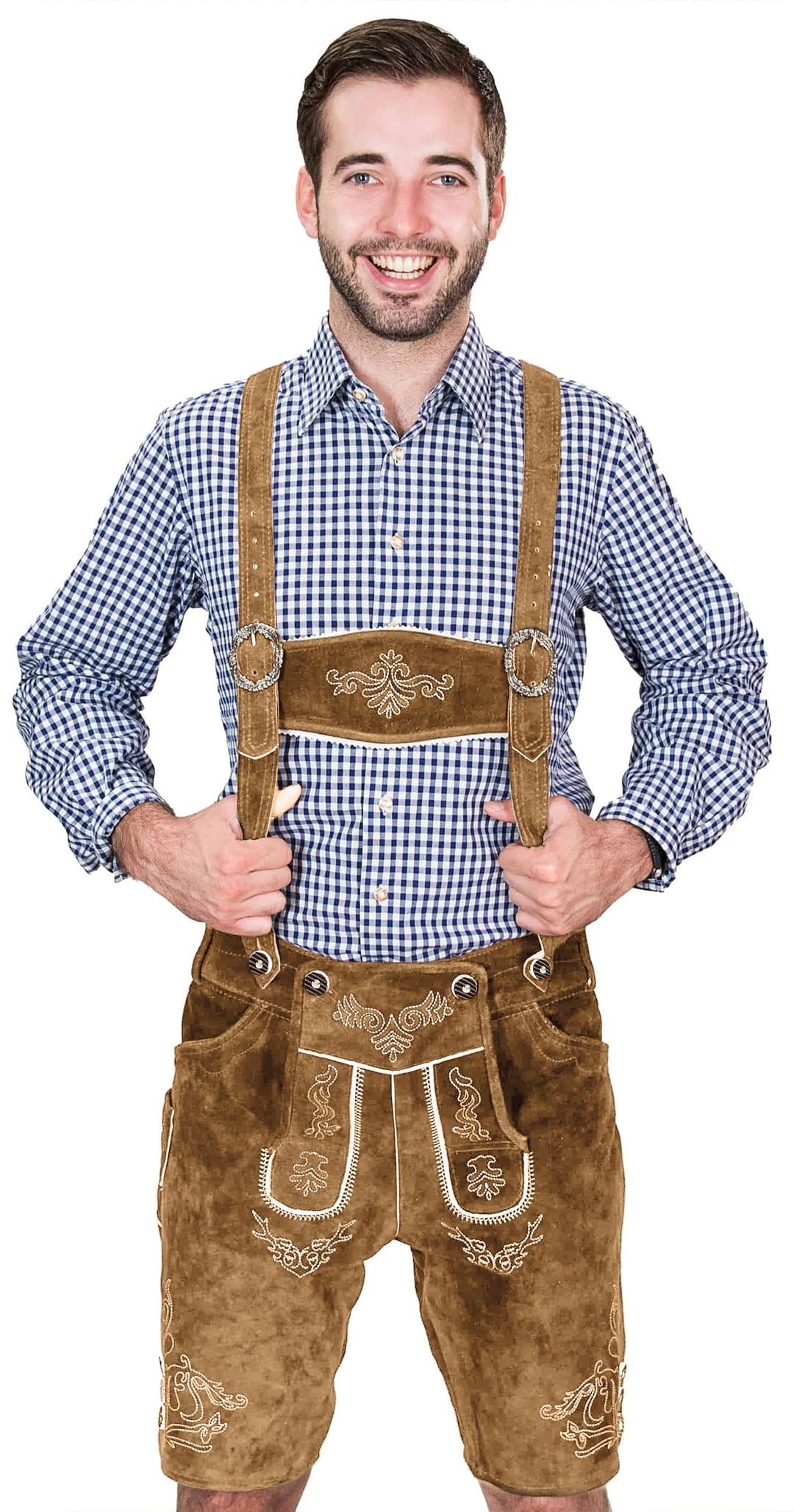Bayerische Herren Trachten Lederhose kurz, Elegante Trachtenlederhose mit Trägern, original in Dunke