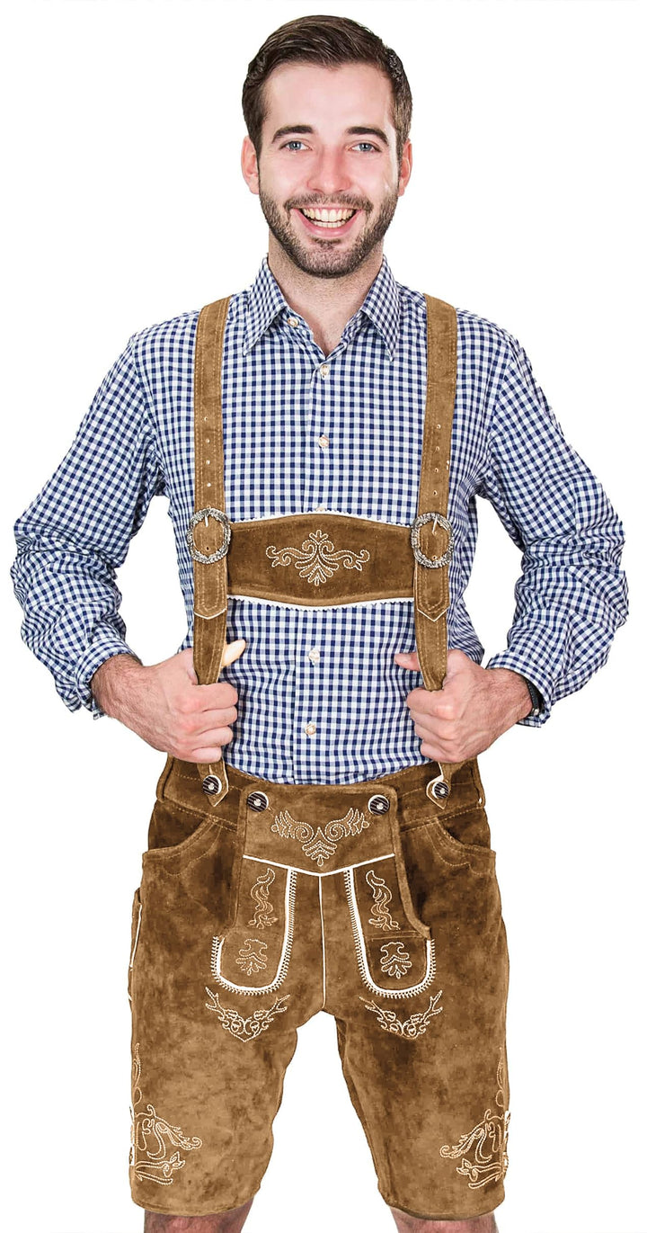 Bayerische Herren Trachten Lederhose kurz, Elegante Trachtenlederhose mit Trägern, original in Dunke