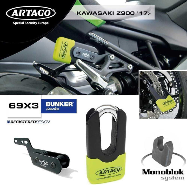 Artago 69X3 Pack Bremsscheibenschloss Diebstahlsicherung Hohe Sicherheit + Halterung für Kawasaki Z9