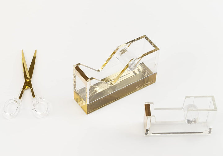 Dany Marcus Klebebandabroller, eleganter, grosser Tischabroller aus transparentem Acryl mit Gold
