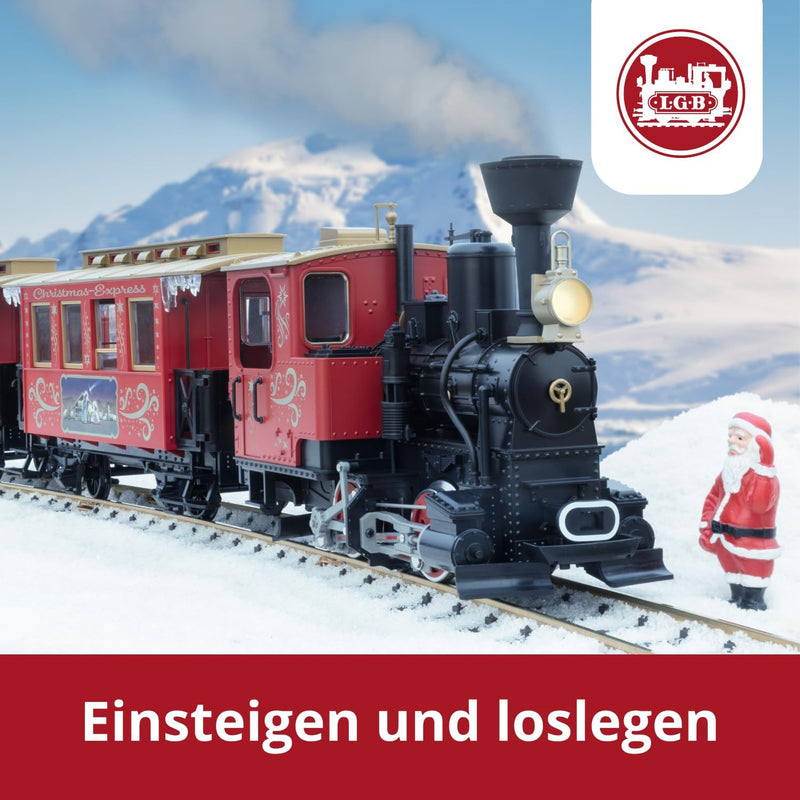 LGB – 70308 Gartenbahn Starterset Weihnachtszug mit Lokomotive und Zwei Waggons, Outdoor-Eisenbahn,
