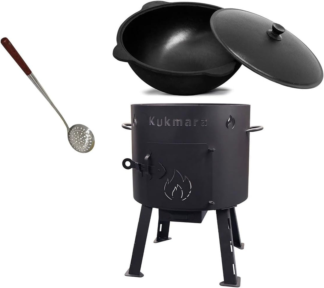 rukauf Set Utschak, 45 cm + 15-16 Liter Kasan Kazan aus Gusseisen (INNEN GLATT) + Schaumlöffel Feldk