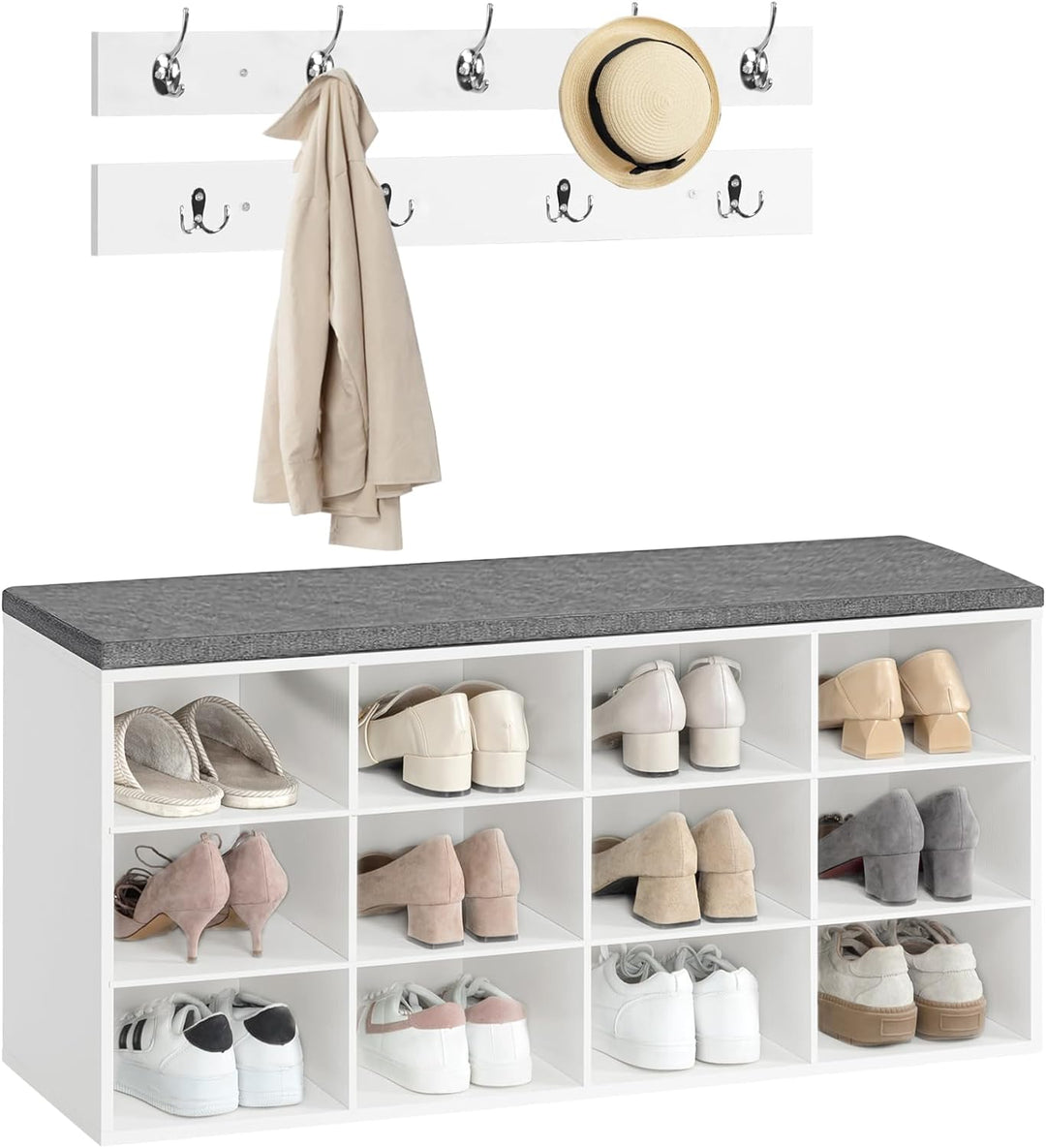 HOOBRO Garderobe Schuhregal Set, Schuhbank mit 12 Fächern, Schuhregal mit gepolsterter Sitzbank, Wan