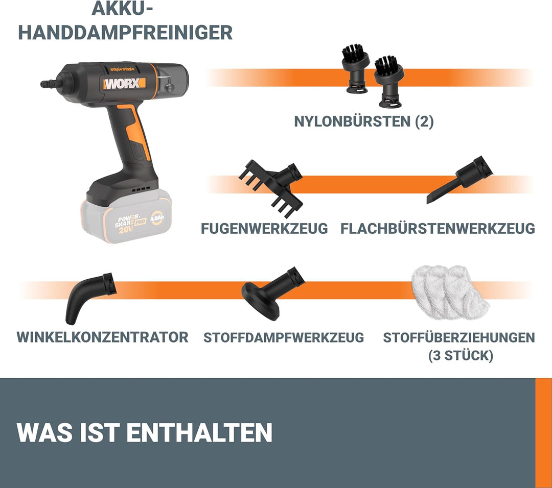 WORX 18V(20V MAX) kabelloser Handdampfreiniger WX770.9, Dampfreiniger für 220°F, tötet Keime, 8-Seku