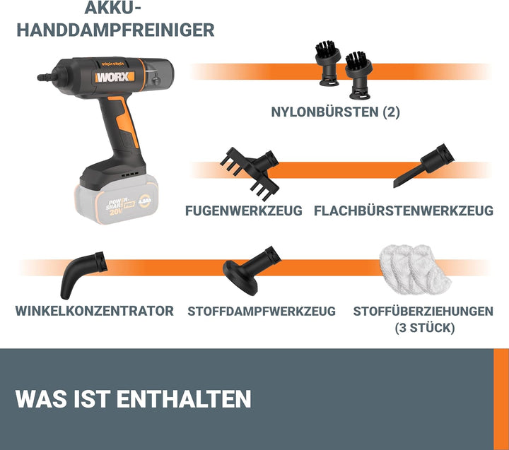 WORX 18V(20V MAX) kabelloser Handdampfreiniger WX770.9, Dampfreiniger für 220°F, tötet Keime, 8-Seku