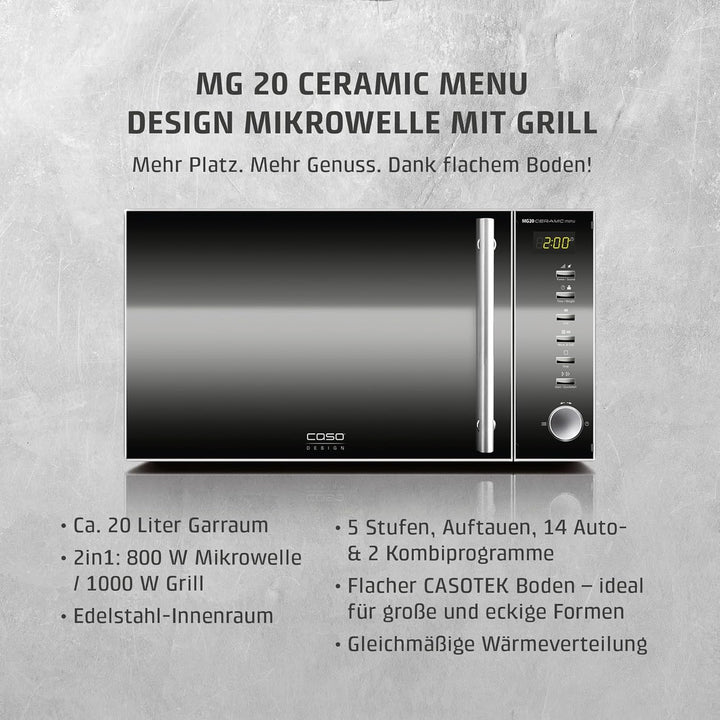 CASO | MG20 Ceramic menu 2-in-1 Mikrowelle mit Grill | Keramikboden und Grill-Rost für 2 Ebenen, 900