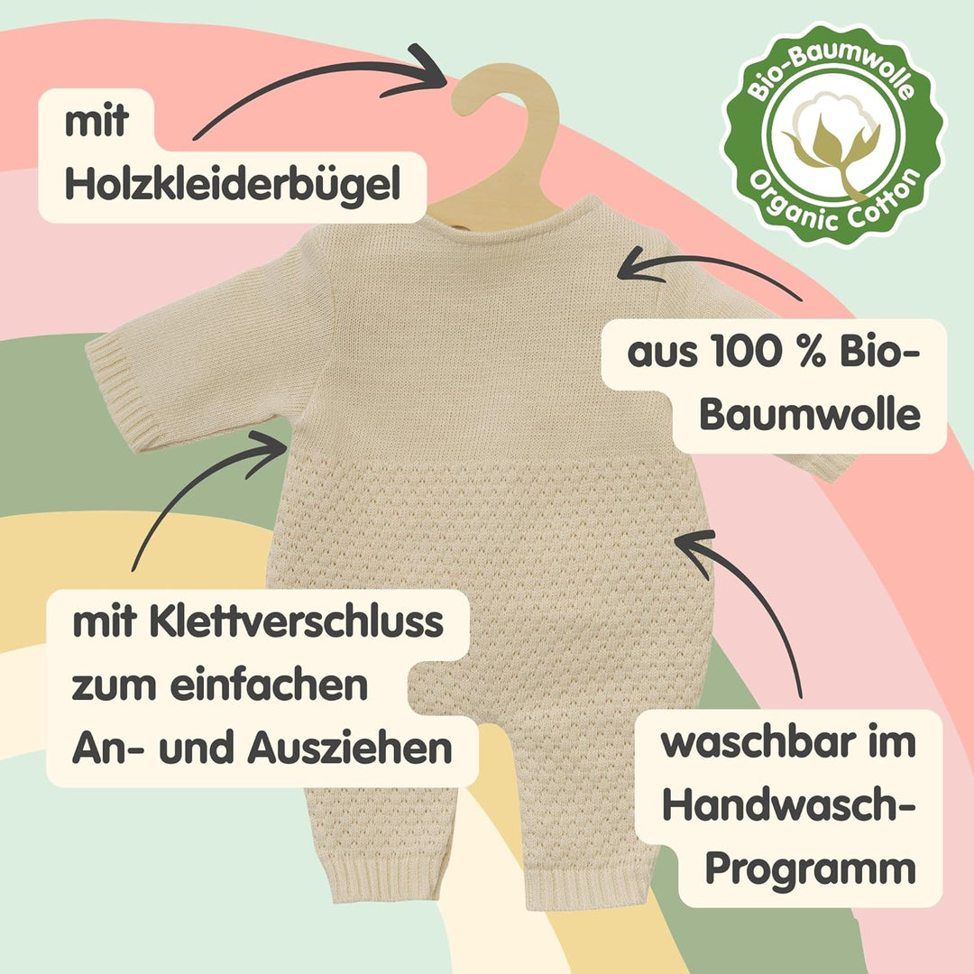 Heless 1480 - Puppenkleidung aus 100 Prozent Bio-Baumwolle, Strickstrampler in Ecru für Puppen und K