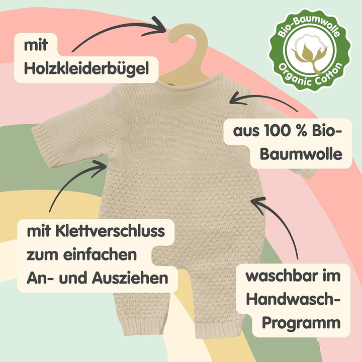 Heless 1480 - Puppenkleidung aus 100 Prozent Bio-Baumwolle, Strickstrampler in Ecru für Puppen und K