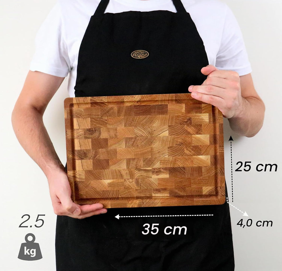 B4K® 35х25х4cm Küchenbrett aus Eiche Stirnholz | Antibakterielles Hirnholzbrett mit Griffen, Silikon