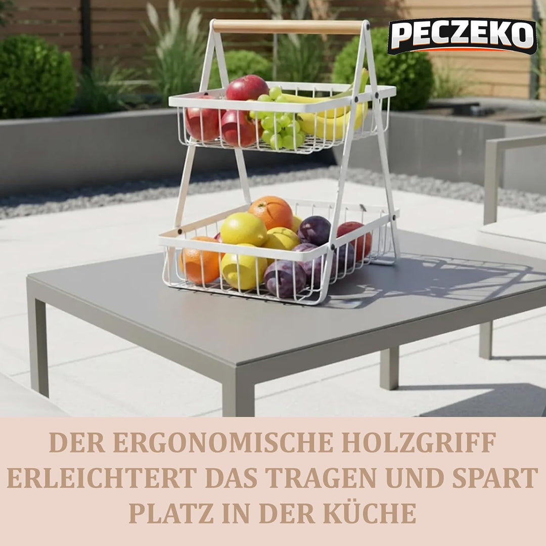 Zweistöckiger Obstkorb mit 2 Ebenen – Platzsparende Obstschale & Obsetagere aus Metall mit Holzgriff